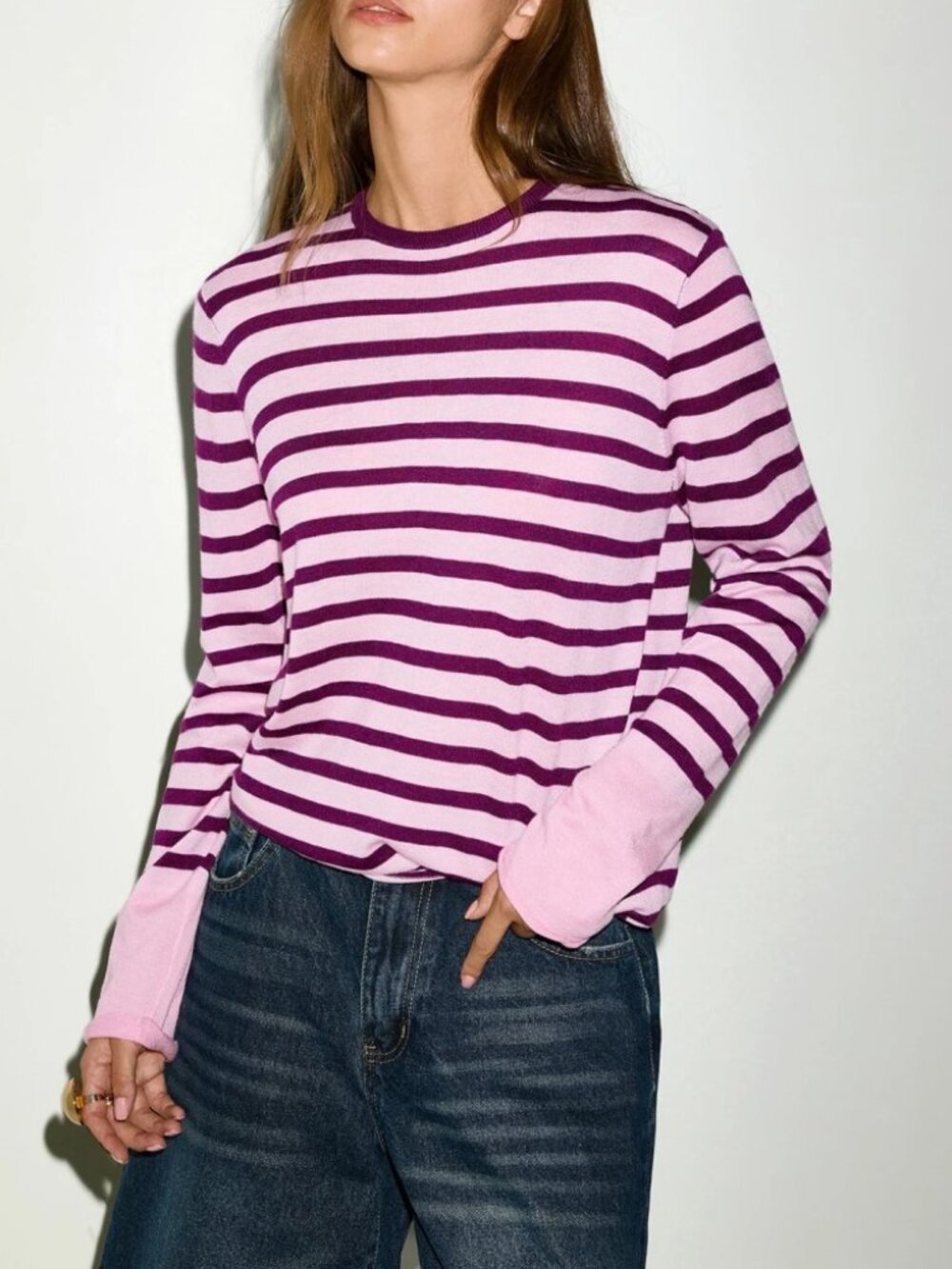 Pink and Purple Striped Ribbed Knit Long Sleeve Crew Neck Tee Top